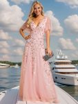 Romantic Shimmery V Neck Ruffle Sleeves Maxi Long Evening Gowns – Pink