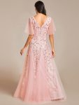 Romantic Shimmery V Neck Ruffle Sleeves Maxi Long Evening Gowns – Pink