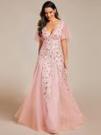 Romantic Shimmery V Neck Ruffle Sleeves Maxi Long Evening Gowns – Pink