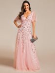 Romantic Shimmery V Neck Ruffle Sleeves Maxi Long Evening Gowns – Pink