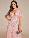 Romantic Shimmery V Neck Ruffle Sleeves Maxi Long Evening Gowns – Pink