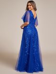 Romantic Shimmery V Neck Ruffle Sleeves Maxi Long Evening Gowns – Sapphire Blue