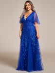 Romantic Shimmery V Neck Ruffle Sleeves Maxi Long Evening Gowns – Sapphire Blue