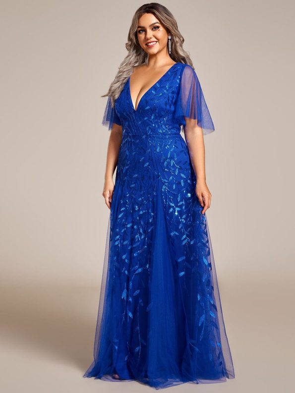 Romantic Shimmery V Neck Ruffle Sleeves Maxi Long Evening Gowns - Sapphire Blue