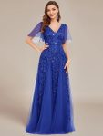 Romantic Shimmery V Neck Ruffle Sleeves Maxi Long Evening Gowns – Sapphire Blue