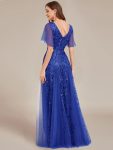 Romantic Shimmery V Neck Ruffle Sleeves Maxi Long Evening Gowns – Sapphire Blue