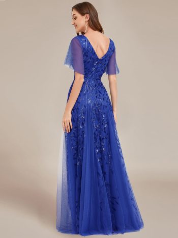 Romantic Shimmery V Neck Ruffle Sleeves Maxi Long Evening Gowns - Sapphire Blue