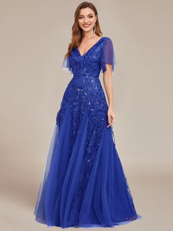 Romantic Shimmery V Neck Ruffle Sleeves Maxi Long Evening Gowns - Sapphire Blue