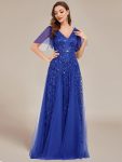 Romantic Shimmery V Neck Ruffle Sleeves Maxi Long Evening Gowns – Sapphire Blue