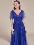 Romantic Shimmery V Neck Ruffle Sleeves Maxi Long Evening Gowns – Sapphire Blue