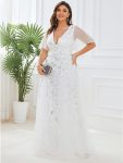 Romantic Shimmery V Neck Ruffle Sleeves Maxi Long Evening Gowns – White