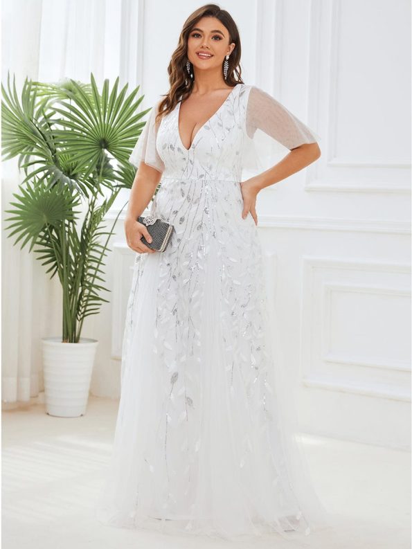 Romantic Shimmery V Neck Ruffle Sleeves Maxi Long Evening Gowns - White