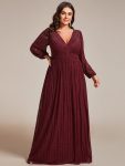 Glittery Empire Waist Long Lantern Sleeves A-Line Evening Dress – Burgundy