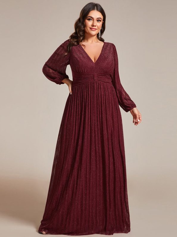 Glittery Empire Waist Long Lantern Sleeves A-Line Evening Dress - Burgundy