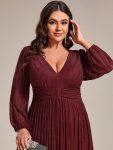 Glittery Empire Waist Long Lantern Sleeves A-Line Evening Dress – Burgundy