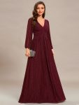 Glittery Empire Waist Long Lantern Sleeves A-Line Evening Dress – Burgundy