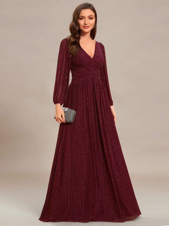 Glittery Empire Waist Long Lantern Sleeves A-Line Evening Dress - Burgundy