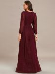 Glittery Empire Waist Long Lantern Sleeves A-Line Evening Dress – Burgundy