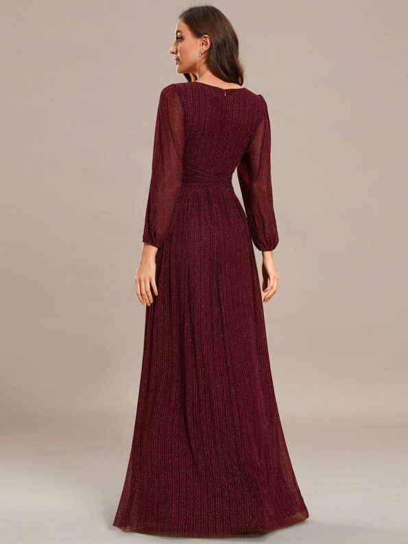 Glittery Empire Waist Long Lantern Sleeves A-Line Evening Dress - Burgundy