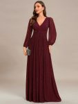 Glittery Empire Waist Long Lantern Sleeves A-Line Evening Dress – Burgundy