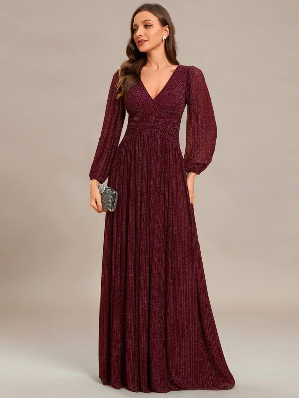 Glittery Empire Waist Long Lantern Sleeves A-Line Evening Dress - Burgundy