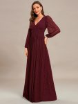 Glittery Empire Waist Long Lantern Sleeves A-Line Evening Dress – Burgundy