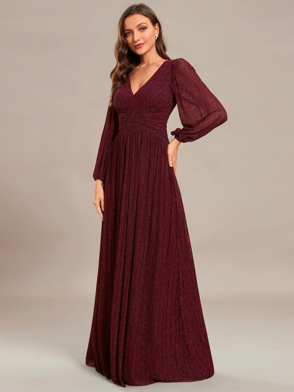 Glittery Empire Waist Long Lantern Sleeves A-Line Evening Dress - Burgundy