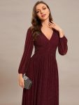 Glittery Empire Waist Long Lantern Sleeves A-Line Evening Dress – Burgundy