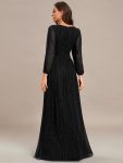 Glittery Empire Waist Long Lantern Sleeves A-Line Evening Dress – Black