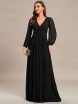 Glittery Empire Waist Long Lantern Sleeves A-Line Evening Dress – Black