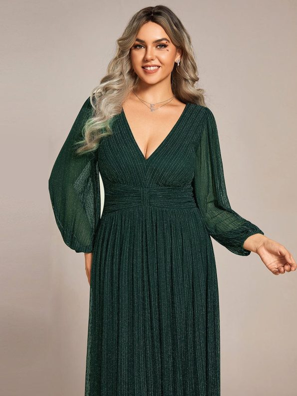 Glittery Empire Waist Long Lantern Sleeves A-Line Evening Dress - Dark Green