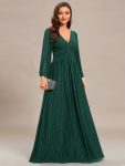 Glittery Empire Waist Long Lantern Sleeves A-Line Evening Dress – Dark Green