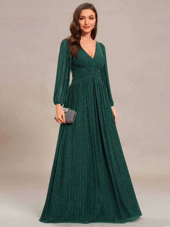 Glittery Empire Waist Long Lantern Sleeves A-Line Evening Dress - Dark Green