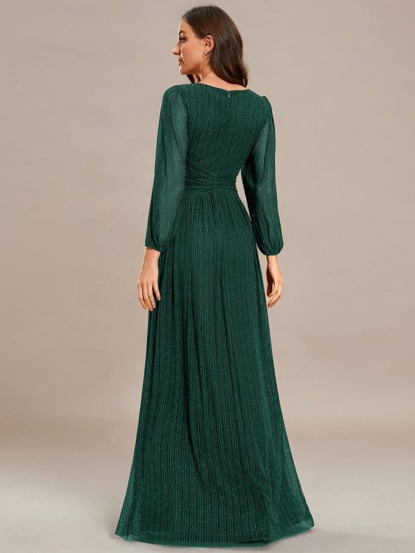 Glittery Empire Waist Long Lantern Sleeves A-Line Evening Dress - Dark Green