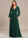 Glittery Empire Waist Long Lantern Sleeves A-Line Evening Dress – Dark Green