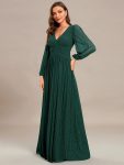 Glittery Empire Waist Long Lantern Sleeves A-Line Evening Dress – Dark Green