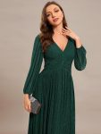 Glittery Empire Waist Long Lantern Sleeves A-Line Evening Dress – Dark Green