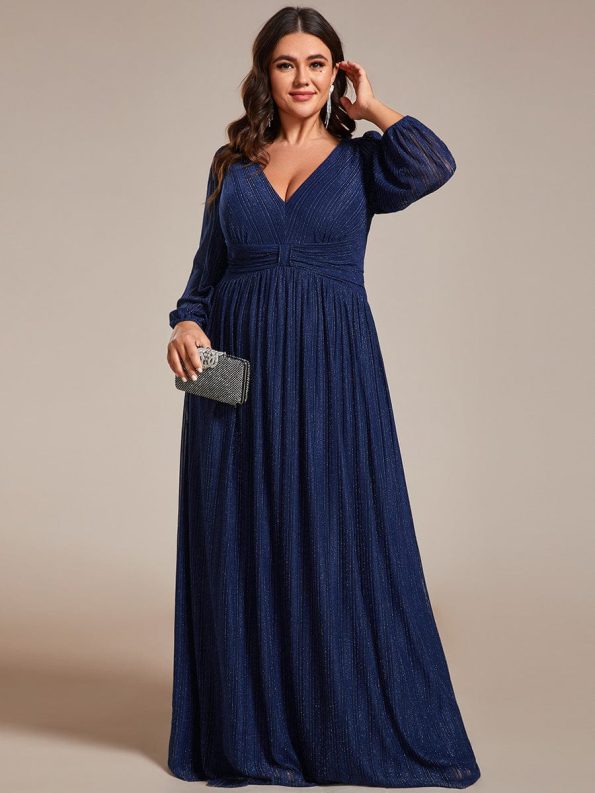 Glittery Empire Waist Long Lantern Sleeves A-Line Evening Dress - Navy Blue