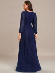 Glittery Empire Waist Long Lantern Sleeves A-Line Evening Dress – Navy Blue