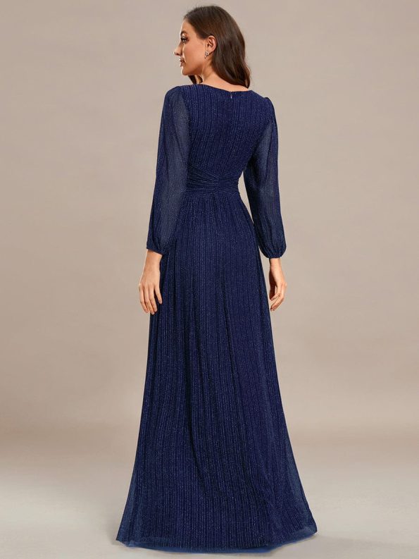 Glittery Empire Waist Long Lantern Sleeves A-Line Evening Dress - Navy Blue