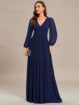 Glittery Empire Waist Long Lantern Sleeves A-Line Evening Dress – Navy Blue