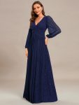 Glittery Empire Waist Long Lantern Sleeves A-Line Evening Dress – Navy Blue