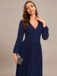 Glittery Empire Waist Long Lantern Sleeves A-Line Evening Dress – Navy Blue