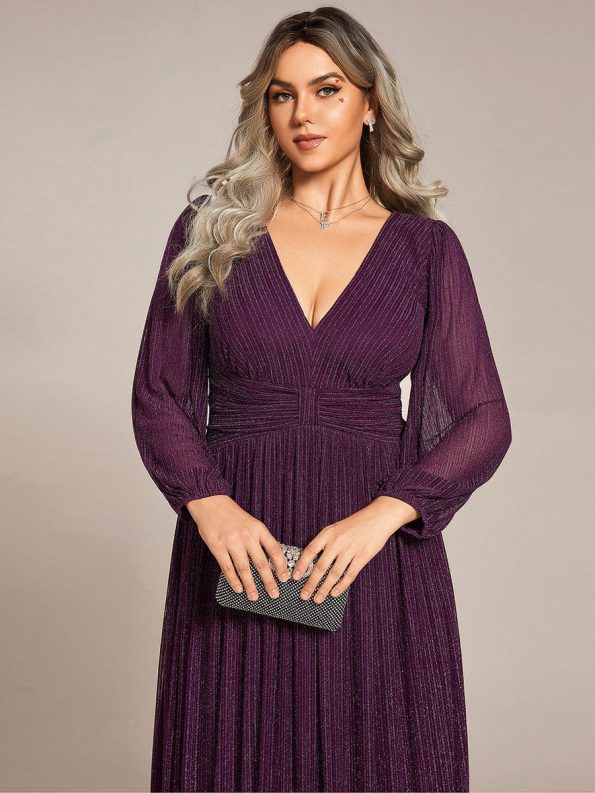 Glittery Empire Waist Long Lantern Sleeves A-Line Evening Dress - Purple Wisteria