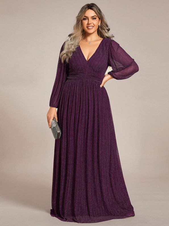 Glittery Empire Waist Long Lantern Sleeves A-Line Evening Dress - Purple Wisteria