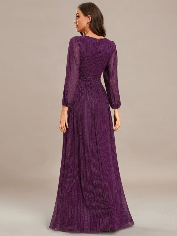 Glittery Empire Waist Long Lantern Sleeves A-Line Evening Dress - Purple Wisteria