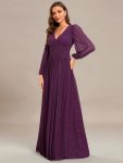 Glittery Empire Waist Long Lantern Sleeves A-Line Evening Dress – Purple Wisteria