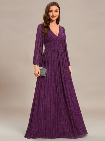 Glittery Empire Waist Long Lantern Sleeves A-Line Evening Dress - Purple Wisteria