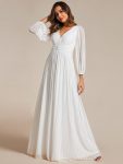 Glittery Empire Waist Long Lantern Sleeves A-Line Evening Dress – White