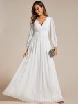 Glittery Empire Waist Long Lantern Sleeves A-Line Evening Dress – White